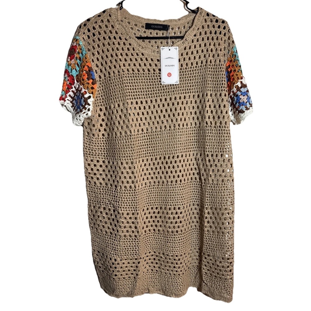 NWT OUKODS Women's‎ Tan Crochet Knit Short‑Sleeve Dress Size M Boho
